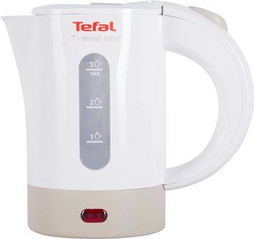 Электрочайник Tefal Travel-o-city&nbsp;, 0,5л, STRIX, пластик, в комплекте 2 стакана + 2 ложки, бело-бежевый KO120130 фото