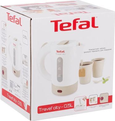Електрочайник Tefal Travel-o-city&nbsp;, 0,5л, STRIX, пластик, в комплекті 2 склянки + 2 ложки, біло-бежевий KO120130 фото