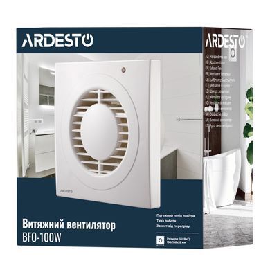 ARDESTO Вытяжной вентилятор BFO-100W 15 Вт, 80 м3/ч, 2400 об/мин, 33 дБ, белый