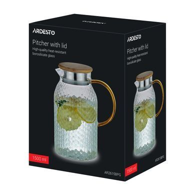 ARDESTO Кувшин с крышкой Dew 1500мл, боросиликатное стекло, нержавеющая сталь, бамбук, прозрачный AR2615BPG фото