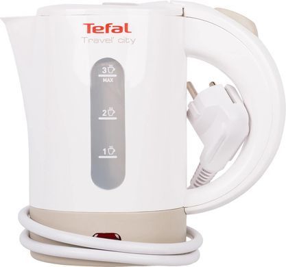 Електрочайник Tefal Travel-o-city&nbsp;, 0,5л, STRIX, пластик, в комплекті 2 склянки + 2 ложки, біло-бежевий KO120130 фото