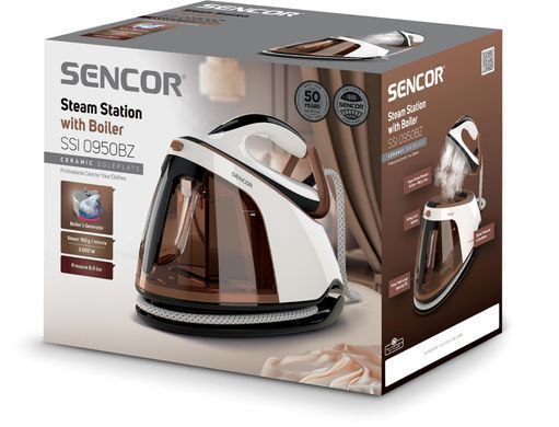Sencor Утюг-парогенератор, 3000Вт, 1500мл, паровой удар -430гр, постоянный пар - 160гр, Anti-calc, керам. подошва, бело-коричневый SSI0950BZ фото