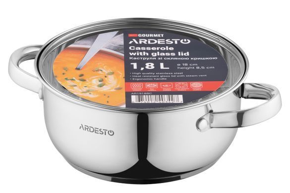 Кастрюля Ardesto Gemini Gourmet Aosta, стеклянная крышка, 1.8 л, нержавеющая сталь AR1918BC фото