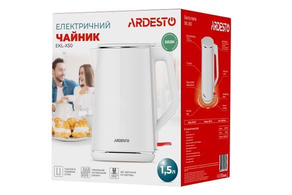 Електрочайник Ardesto EKL-X50, 1,5л, подвійні стінки, глянець, STRIX, білий EKL-X50 фото