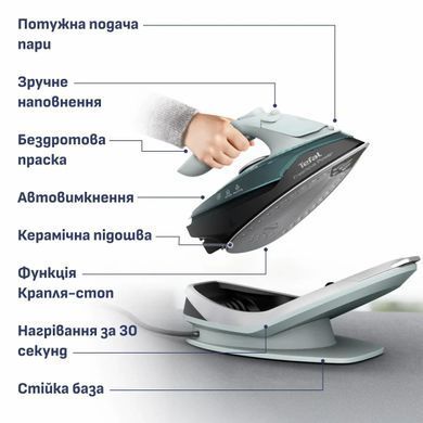 Tefal Tefal iron Freemove Power Cordless, 2600W, 250ml, steam boost -220g, constant steam - 40g, Anti-calc, ceramic soleplate, green FV6670E0 фото