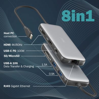 Digitus Док-станція DIGITUS USB-C > 2xHDMI/2xUSB-A/USB-C/SD/MicroSD/RJ54 DA-70915 фото