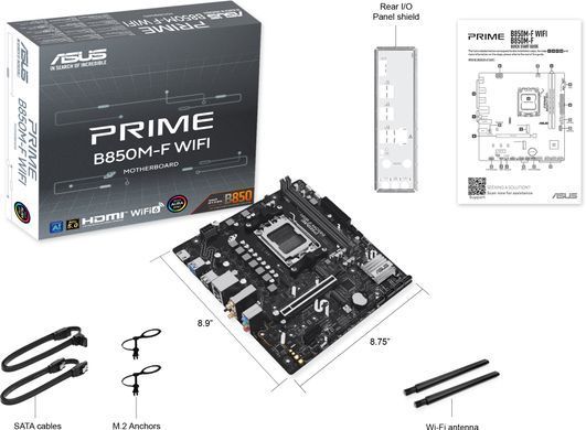 ASUS Материнcкая плата PRIME B850M-F WIFI sAM5 B850 2xDDR5 M.2 HDMI Wi-Fi BT mATX 90MB1N80-M0EAY0 фото