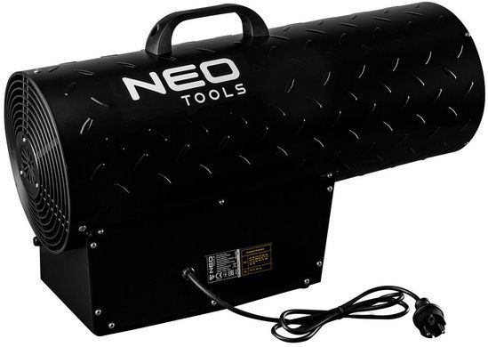 Теплова гармата газова Neo Tools, 50кВт, 1000м куб./г, 1.5бар, витрата палива 3.63кг/г, редуктор тиску, шланг 1.5м, п&rsquo;єзозапалювання 90-085 фото