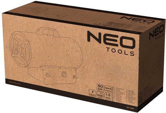 Теплова гармата газова Neo Tools, 50кВт, 1000м куб./г, 1.5бар, витрата палива 3.63кг/г, редуктор тиску, шланг 1.5м, п&rsquo;єзозапалювання 90-085 фото