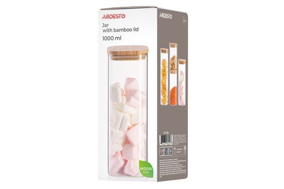 ARDESTO Банка для зберігання Ardesto Midori 1000мл, скло, бамбук, квадратна, прозорий