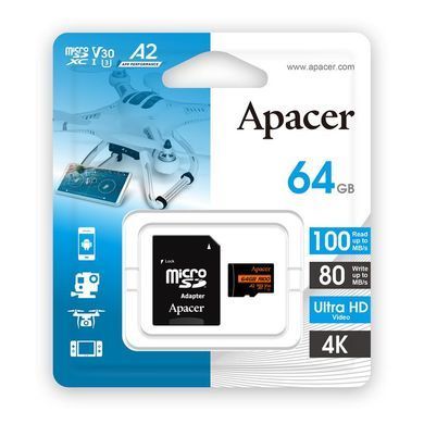 Apacer Карта памяти microSD 64GB C10 UHS-I U3 A2 R100/W80MB/s + SD AP64GMCSX10U8-R фото