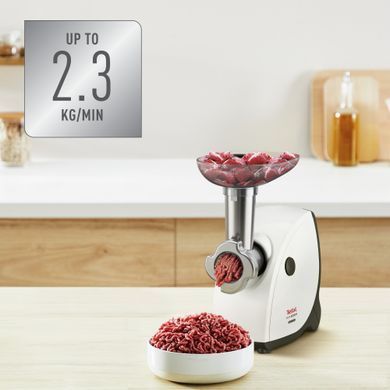 Tefal Мясорубка HV4, 2000Вт, 2.3кг/мин, 3 решетки, насадка для колбас, кеббе, томатов, пластик, бело-черный NE463138 фото