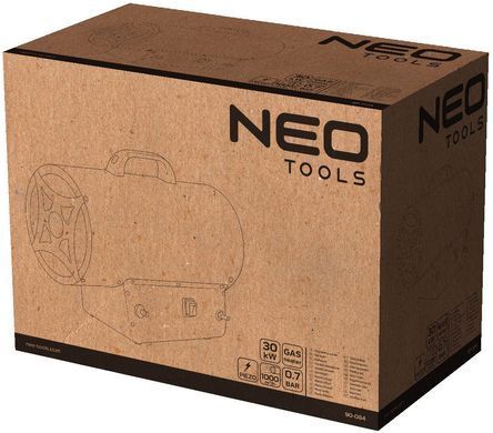 Теплова гармата газова Neo Tools, 30кВт, 1000м куб./г, 0.7бар, витрата палива 2.18кг/г, редуктор тиску, шланг 1.5м, п&rsquo;єзозапалювання 90-084 фото