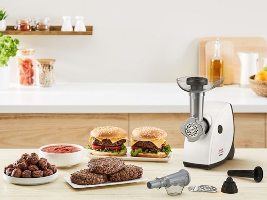 Tefal Мясорубка HV4, 2000Вт, 2.3кг/мин, 3 решетки, насадка для колбас, кеббе, томатов, пластик, бело-черный NE463138 фото