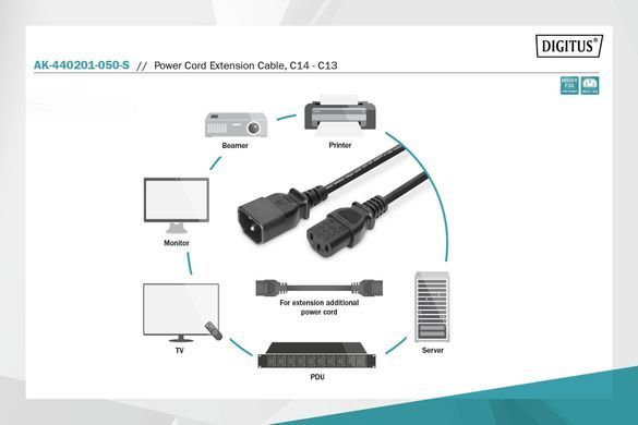 Digitus Мережевий кабель DIGITUS C14/M - C13/F, 5м, чорний AK-440201-050-S фото