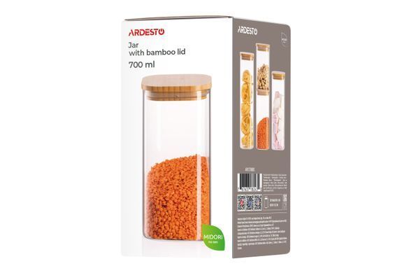 ARDESTO Банка для зберігання Ardesto Midori 700мл, скло, бамбук, квадратна, прозорий