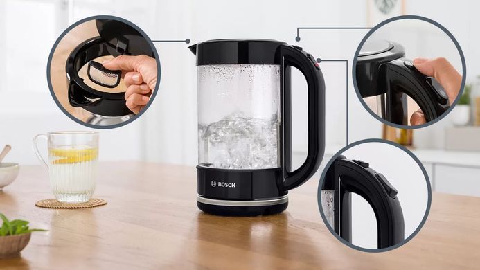 Bosch Електрочайник 1.7л, скло, чорний TWK70B03 фото