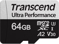 Карта пам'яті Transcend microSD 64GB C10 UHS-I U3 A2 R160/W80MB/s + SD TS64GUSD340S фото