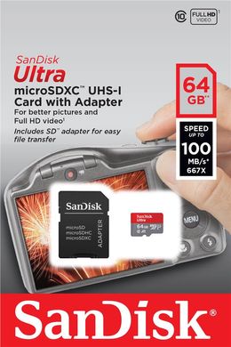 Карта пам'яті SanDisk microSD 64GB C10 UHS-I R100MB/s Ultra + SD SDSQUNR-064G-GN3MA фото
