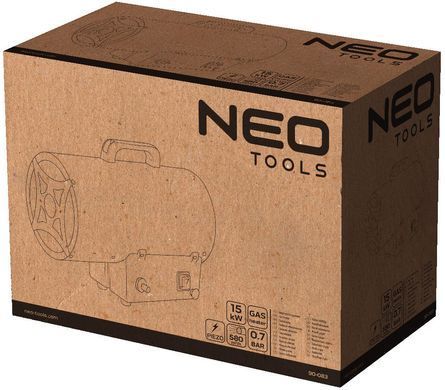 Теплова гармата газова Neo Tools, 15кВт, 580м куб./г, 0.7бар, витрата палива 1.09кг/г, редуктор тиску, шланг 1.5м, п&rsquo;єзозапалювання 90-083 фото