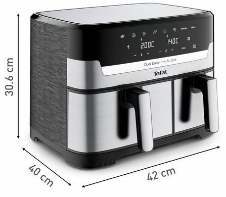 Tefal Мультипіч на 2 чаші Dual Easy Fry & Grill Air Fryer, 2700Вт, чаша-8,3 (5,2+3,1)л, сенсорне керування, 8 програм, гриль, пластик, нерж. сталь EY905D10 фото