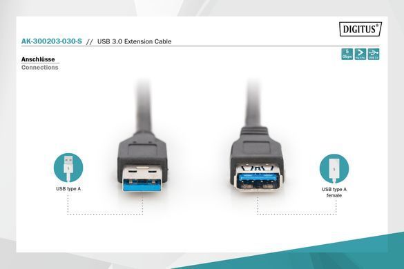 Digitus Кабель USB 3.0 (AM/AF) 3.0м, чорний AK-300203-030-S фото