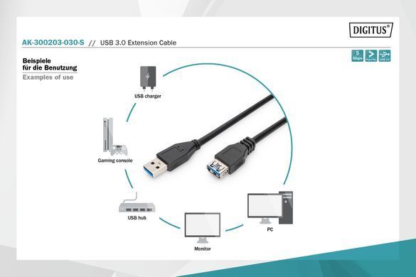 Digitus Кабель USB 3.0 (AM/AF) 3.0м, чорний AK-300203-030-S фото