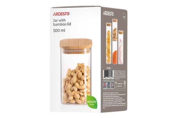 ARDESTO Банка для зберігання Ardesto Midori 500мл, скло, бамбук, квадратна, прозорий