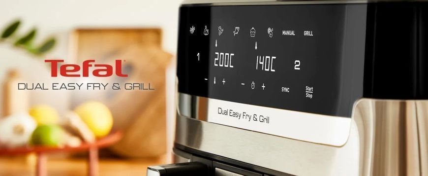 Tefal Мультипіч на 2 чаші Dual Easy Fry & Grill Air Fryer, 2700Вт, чаша-8,3 (5,2+3,1)л, сенсорне керування, 8 програм, гриль, пластик, нерж. сталь EY905D10 фото