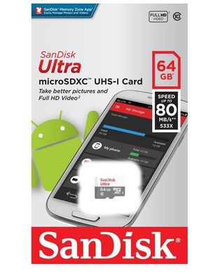 Карта пам'яті SanDisk microSD 64GB C10 UHS-I R100MB/s Ultra SDSQUNR-064G-GN3MN фото