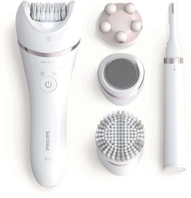 Philips Епілятор Beauty Set Series 9000 дисковий, акумуляторний , пінцет.-32, волог.+сух., насадок-8, футляр, пінцет, тример, білий BRE740/90 фото