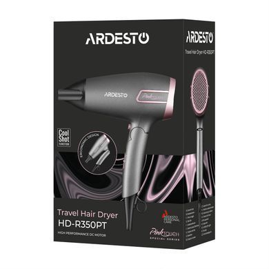ARDESTO Фен Pink Touch, 2000Вт, 2 швидкості, 2 темп.режими, складана ручка, сірий+рожевий HD-R350PT фото