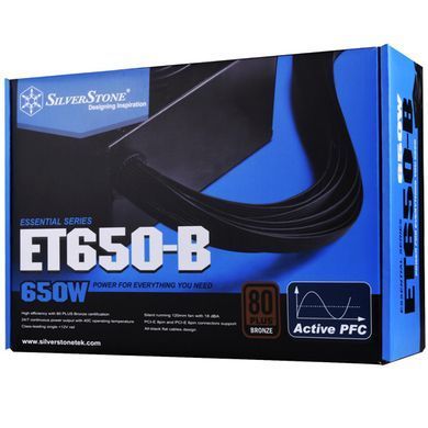 SilverStone Блок живлення Strider Essential (650W) >85% 80+ Bronze 120мм 1xMB 24pin(20+4) 1xCPU 8pin(4+4) 3xMolex 6xSATA 4xPCIe 8pin(6+2) SST-ET650-B фото
