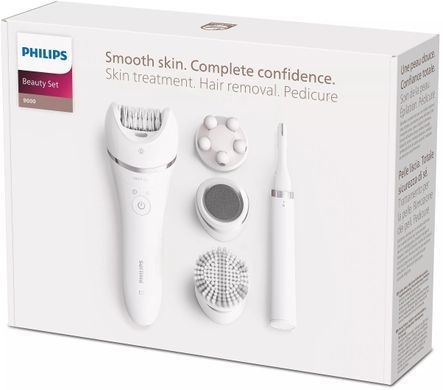Philips Епілятор Beauty Set Series 9000 дисковий, акумуляторний , пінцет.-32, волог.+сух., насадок-8, футляр, пінцет, тример, білий BRE740/90 фото