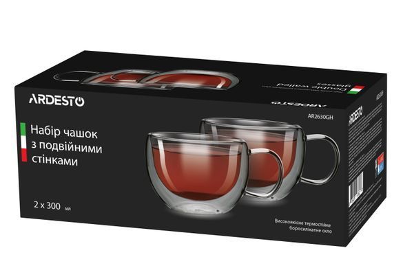 ARDESTO Набір чашок із подвійними стінками, 300 мл, H 7,5 см, 2 шт, боросилікатне скло AR2630GH фото