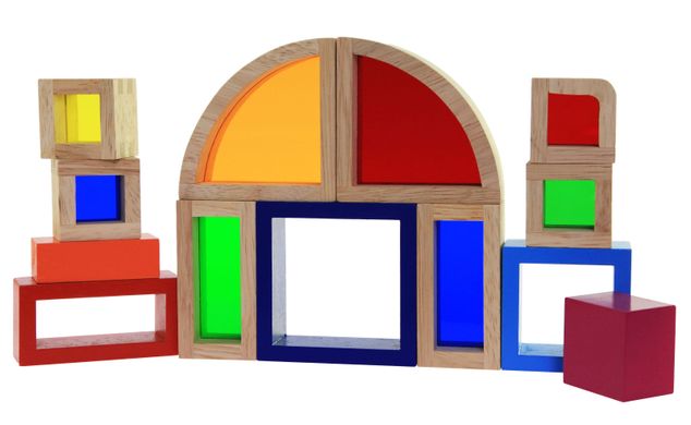 Конструктор деревянный goki Радужные строительные блоки с окнами 58620 фото
