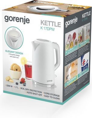 Gorenje Електрочайник 1.7л, Strix-контроль, білий матовий K17DPW фото