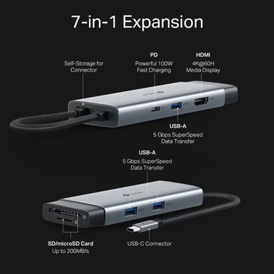 TP-Link Хаб USB UH7021C USB-C > 3xUSB3.0/1xHDMI/1xSD/1xmicroSD/1xPD 100Wh UH7021C фото
