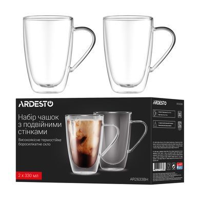 ARDESTO Набор чашек с ручками и двойными стенками, 330мл, 2шт, боросиликатное стекло, прозрачный AR2633BH фото
