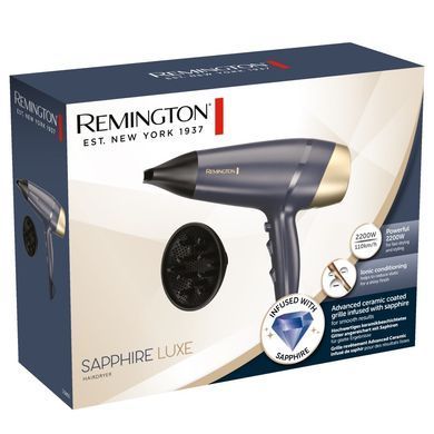 Remington Фен Sapphire Luxe , 2200Вт, 3 режими, дифузор, іоніз-я, хол. обдув, сапфіровий D5805 фото