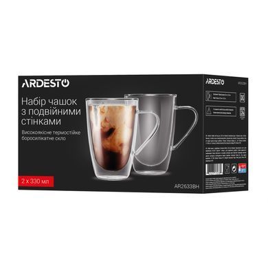 ARDESTO Набор чашек с ручками и двойными стенками, 330мл, 2шт, боросиликатное стекло, прозрачный AR2633BH фото