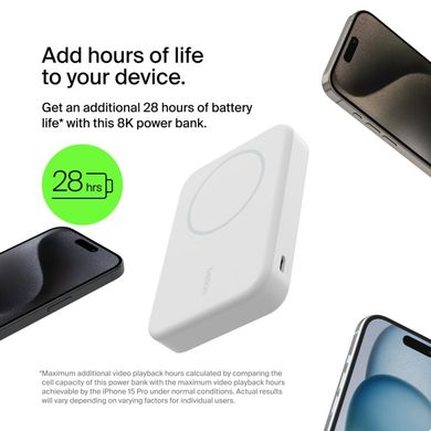 Belkin Акумулятор портативний літій-іонний Power Bank 10000мА·год, 15Вт, MagSafe Qi2, білий BPD008BTWH фото