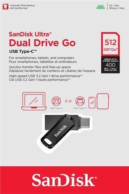 SanDisk Накопичувач 512GB USB 3.1 Type-A + Type-C Ultra Dual Drive Go Чорний SDDDC3-512G-G46 фото