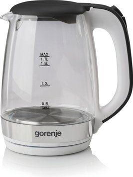 Gorenje Электрочайник 1.7л, 2,200 Вт, strix контроль, стекло, белый K17GXG фото