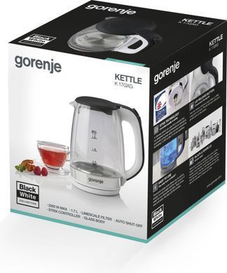 Gorenje Електрочайник 1.7л, 2,200 Вт, strix контроль, скло, білий K17GXG фото