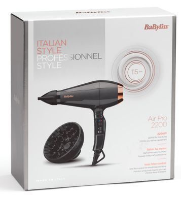 BaByliss Фен Air Pro, 2200Вт, 2 режими, дифузор, іоніз-я, хол. обдув, чорний 6719DE фото
