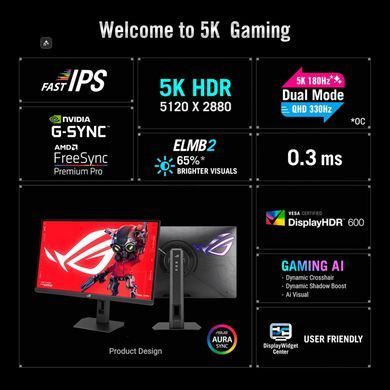 ASUS Монітор Asus 26.5" ROG Strix 5K XG27JCG 2xHDMI, DP, USB-C, 3xUSB, IPS, 5120x2880, 180Hz, 0.03ms, DCI-P3 97%, FreeSync, Pivot, HDR600 90LM0CE0-B01371 фото