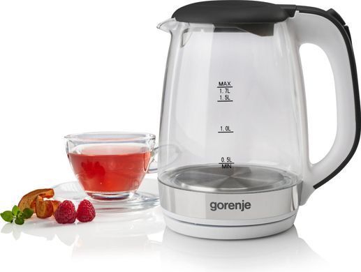 Gorenje Електрочайник 1.7л, 2,200 Вт, strix контроль, скло, білий K17GXG фото