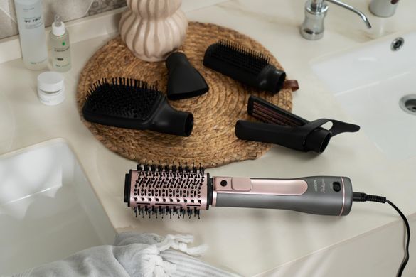 ARDESTO Фен-щітка Brush Pink Touch, 1200Вт, 2 темп. режими, LED-дісплей, функція іонізації , 4 насадки, сірий+ рожевий HD-CR300PT фото