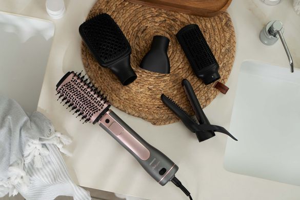 ARDESTO Фен-щітка Brush Pink Touch, 1200Вт, 2 темп. режими, LED-дісплей, функція іонізації , 4 насадки, сірий+ рожевий HD-CR300PT фото